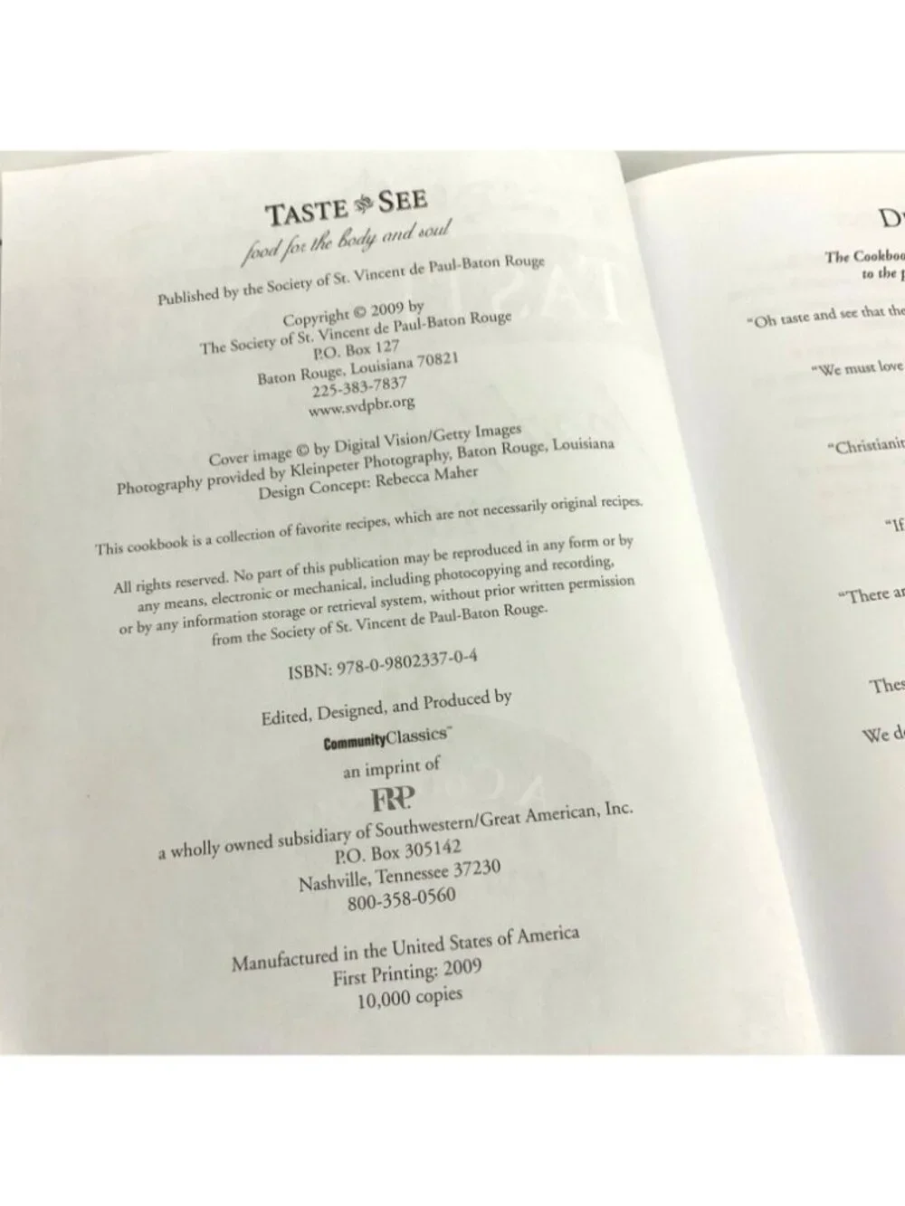 Taste & See Cookbook Society Of St Vincent De Paul Louisiana Hardcover 2009